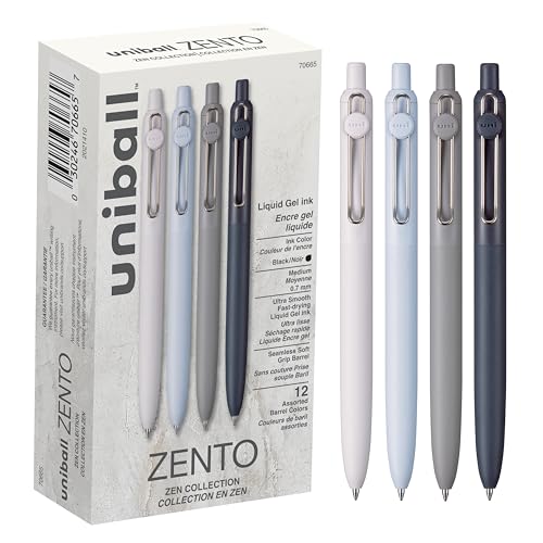Uniball Zento Gel Ink Rollerball Pens, 12 Black Medium Point Smooth Writing Pens, Colored Japanese Pens, Zen Colors
