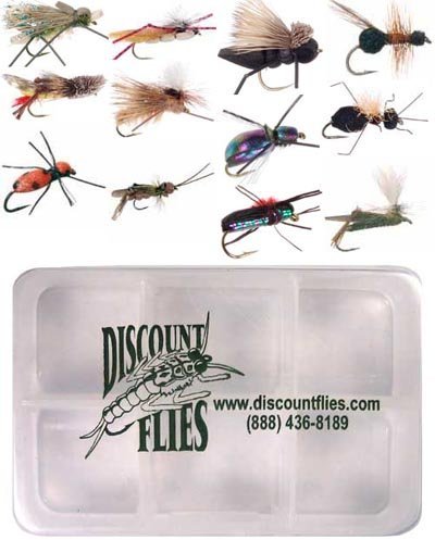 DiscountFlies Terrestrial Dry Fly Fishing Flies – Fishing Kit w/Fly Box & 12 Dry Flies for Trout Fishing – Realistic and Effective Fly Fishing Gear – Trout Flies for Fly Fishing on Strong Sharp Hooks