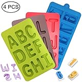 4 Pcs Silicone Numbers Alphabets Trays Molds, FineGood 26 letters & Numbers Candy Mould Biscuit Chocolate DIY Baking Pans Ice Cube Making Trays -green, brown, red, blue