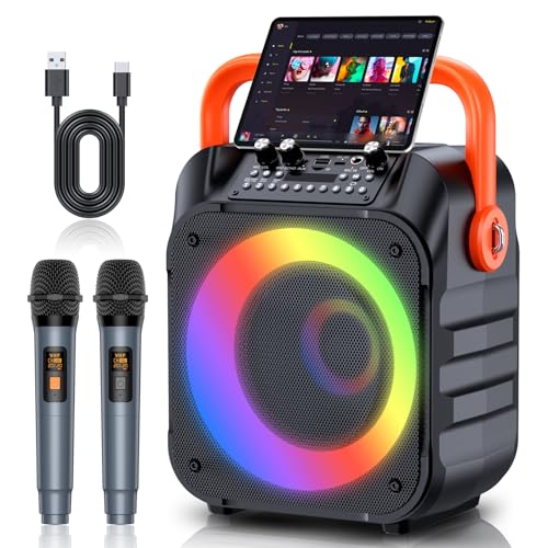 Karaoke Machine with 2 Wireless Microphones,Portable Karaoke Machine for Adults & Kids,Karaoke Microphone with PA System,Karaoke Speaker Supports for TWS,USB,FM,REC,AUX in,TF Card