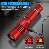 Flashlight USB Rechargeable, Magnetic LED Flashlight, Super Bright LED Tactical Flashlight with Cob Sidelight, 2000LM, Waterproof, Zoomable Best Small LED Flashlight for Camping, Emergency -Red