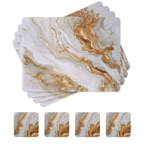 fanquare Hard Cork Placemats and Coasters Set of 4 with Marble Pattern Design Easy to Clean Abstract Artistic Placemat for Dining Table Décor, Gold Sand