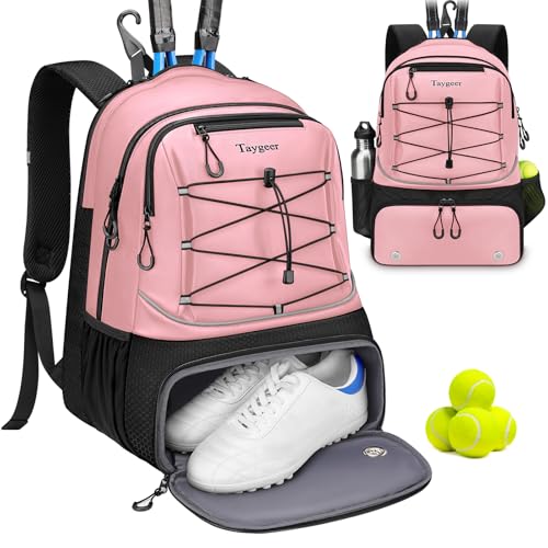 Taygeer Tennis Bag, Tennis Backpack Bags for Women Men 2 Rackets with Ventilated Shoe Compartment, Sport Backpack for Pickleball Paddle, and Other Racquet Accessories, Pink