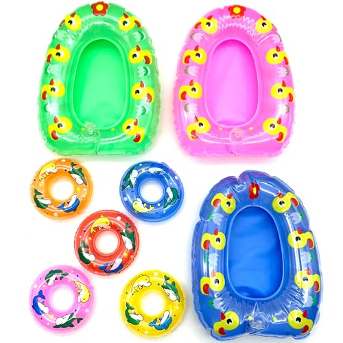 DHER Pack of 8 Mini Swimming Rings Small Swimming Rings 9 x 2.5 cm Small Swimming Ring and 22 x 4 cm Inflatable Kayak Mini Decoration Set (A)