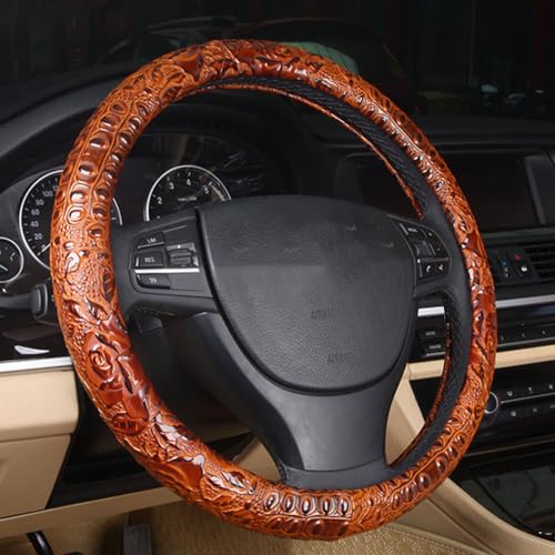 Follicomfy Leather Auto Car Steering Wheel Cover,Anti Slip Universal 15 Inch,Brown Crocodile with Rose Grain