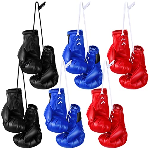 12 Pcs Mini Boxing Gloves Miniature Punching Gloves Boxing Accessories Gifts Holiday Ornament Hanging Decoration for Car(4 Inch,Black, Blue, Red)