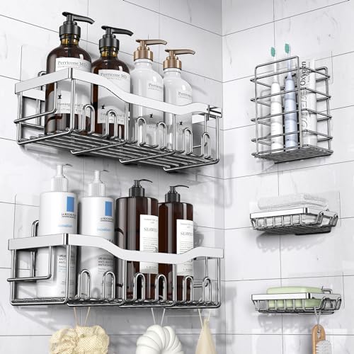 EUDELE 5-Pack Rustproof Stainless Steel Shower Caddy – No Drill Adhesive Bathroom Organizer with Large Capacity, Spacious Shower Shelves for Inside Shower, Kitchen & Home Decor Storage