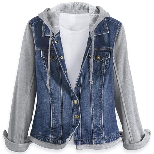 SAGEFINDS Fleece and Denim Jacket for Women | Long Sleeve | Hood with Drawstring |Snap Front, Pockets, Cuffs | Machine Wash