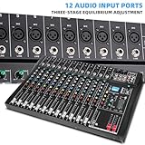 Depusheng DT12 Studio Audio Mixer 12-Channel DJ Sound Controller Interface w/USB Drive for Computer Recording Input, XLR Microphone Jack, 48V Power, RCA Input/Output for Professional and Beginners