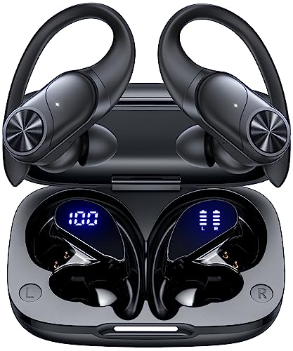 PocBuds Bluetooth Headphones Wireless Earbuds 80hrs Playtime Wireless Charging Case Digital Display Sports Ear Buds with Earhook Deep Bass IPX7 Waterproof Over-Ear Earphones for TV Phone Laptop Black