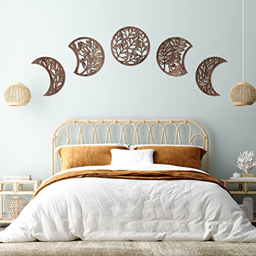 Jetec 5 Pcs Moon Phase Wall Art Decor Wall Pediments Hanging Wooden Moon Phase Spiritual Bedroom Nordic Boho Lunar Aesthetic Art for Living Room Dorm Apartment Bar Ornament(Brown,10.6 Inch)