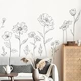 Large Black Boho Flower Wall Decals Simple Sketch Floral Wall Stickers Wildflower Peel and Stick Wall Art Decor for Girls Bedroom Living Room Office Adult Home Decor