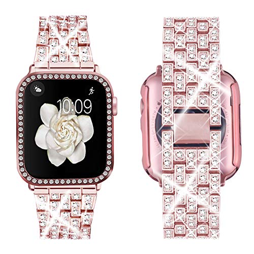 SUPOIX Compatible with Apple Watch Band 41mm + Case, Women Jewelry Bling Diamond Rhinestone Replacement Metal Strap &Soft TPU Protector Case for iWatch Series 7/8/9(Rose Pink)