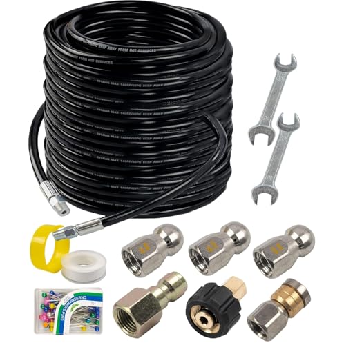 Hourleey Sewer Jetter Kit for Pressure Washer 150FT, Drain Cleaner Hose 1/4 Inch NPT, Orifice 4.0 Button Nose and Rotating Sewer Jetting Nozzle Spanner Tape Pearl Corsage Pin, 4000 PSI