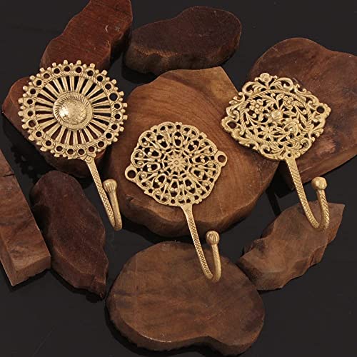 Indian Shelf 3 Boho Gold Wall Hooks Decorative Brass Shabby Chic Key Hooks Holder Coat Rack Wall Mount Gold Vintage Hook for Hanging Coats