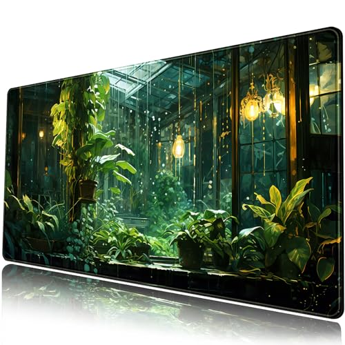Aesthetic Plants Desk Mat Green Large Mouse Pad Cozy Rainy Day Greenhouse Desk Pad Big Mousepad XXL Extended Keyboard Mouse Mat 31.5''X15.7'' Cute Office Decor for Women