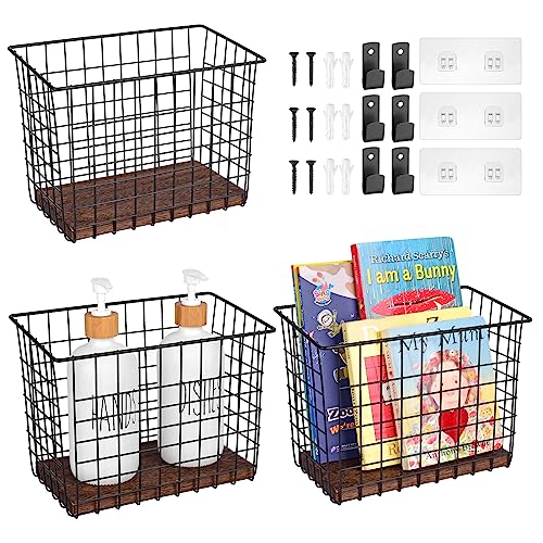 Wall Hanging Baskets 3 Pack, Large Diversified Wire Basket Shelves of Wooden Style, with Wall Mounted Metal Hooks & Traceless Stickers, for Kitchen Coffee Bar Office Room Garage Storage Organization