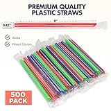 Fit Meal Prep 500 Pack Plastic Large Smoothie Straws 8", Individually Wrapped Big Milkshake Straws, BPA Free Disposable Jumbo Straw, Colorful Wide Straws 0.4" for Bubble Tea, Boba, Popping Pearl