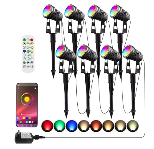 Smart Low Voltage Landscape Lights, Bluetooth Landscape Lighting, RGB Warm White LED Spotlights APP Control, 12V 24W Outdoor Yard Spot Lights with Spike Stand, Waterproof Garden Light Music Sync