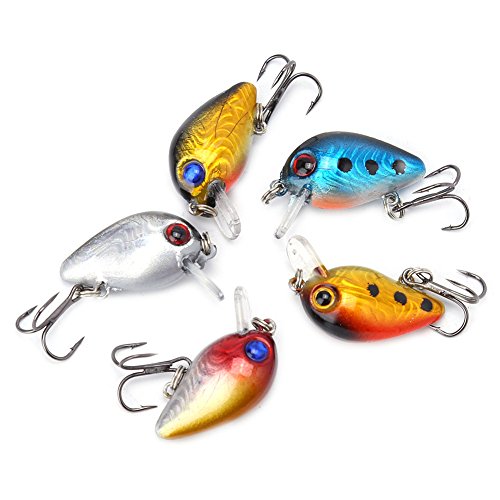 Asixx Mini Fishing Lures, 5pcs 3cm 3D Holographic Eyes Mini Fishing Lures Floating Micro Bass Bait Crankbait Treble Hook Durable and Solid More Prone to Bite