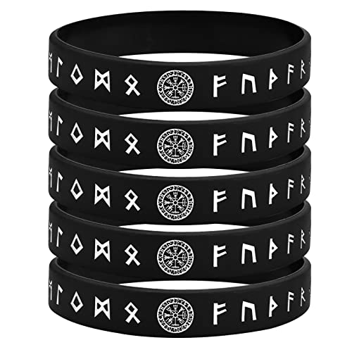 MEALGUET 5-Piece Viking Bracelet Set: Black Nordic Runes Wristband Bangle Bracelets for Men & Women, Silicone Rubber Band Comfort Fit Viking Jewelry