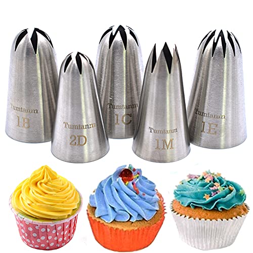 Tumtanm 5 Pack Extra Large Piping Nozzles, 1B 1C 1E 1M 2D# Seamless Stainless Steel Piping Icing Tips for Cupcakes