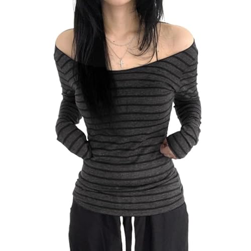 Womens Long Sleeve Grunge Aesthetic Shirts Striped Off Shoulder Tops Teen Girls Alt Emo Goth Streetwear Y2k Clothes (Dark Grey,L)