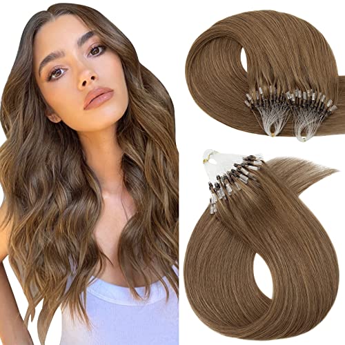 Hairro Micro Link Human Hair Extensions Micro Ring Loop Remy Hair Piece Beads Cold Fusion Stick Tipped Hair Fish Line Straight Real Hair Extension For Women 16 inch 50g 100 Strands #06 Light Brown