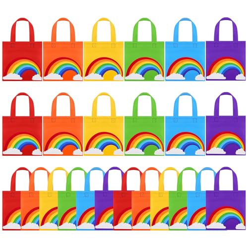 Aneco 24 Pieces Candy Non-Woven Bags Rainbow Party Favor Bags 8×8 Inch Trolls Goodie Bags 6 Colors Party Favor Gift Bags for Birthday Wedding
