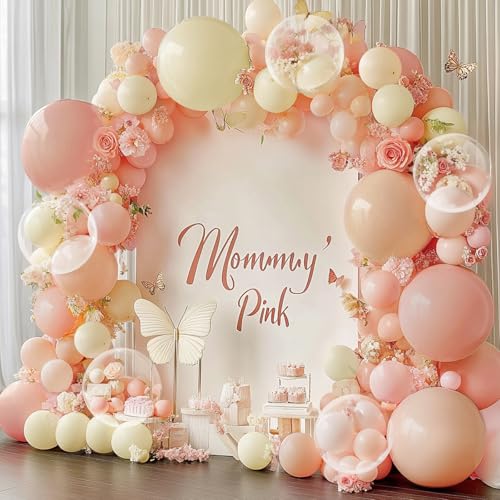 Pastel Pink Peach Balloon Arch Kit, Double Stuffed Pastel Light Pink Orange Ivory White Clear Bobo Spring Balloons Garland Kit for Wedding Bridal Shower Baby Shower Birthday Party Decoration