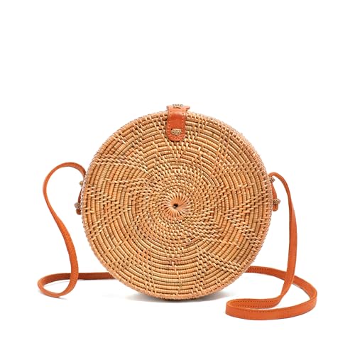 Novum Crafts Round Rattan Bag for Women - Handmade Ata Wicker Woven Purse - Circle, Square, Oval Brown Straw Boho Bags