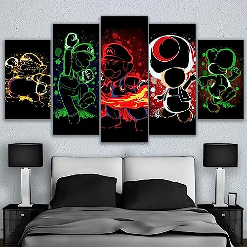 Set 5 Canvas Print Mario Bros Characters Colorful Abstract Art for Living Room Bedroom Office Ready to Hang Fabric Home Artistic Video Game Different sizes (with Frame) (39x22 inch)