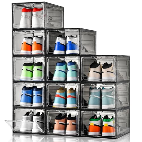 Clemate Upgraded X-Large Shoe Storage Box,12 Pack,Shoe Box Clear Plastic Stackable,Drop Front Shoe Box with Clear Door,Shoe Organizer Containers For Sneaker Display,Fit up to US Size12, Ashy