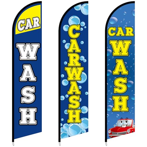 Fanfanwin 3 Pack Car Wash Sign Feather Flag 12ft x 2.5ft Car Wash Themed Feather Flag Banner for Business