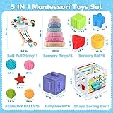 5 in 1 Montessori Toys for Babies 0-3-6-12 Months, Soft Baby Teething Toys, Sensory Bin Toy, Stacking Building Blocks & Rings for Infants,Developmental Toys for Toddler,Gift for Baby 12-18 Months