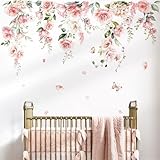 decalmile Spring Large Pink Flower Wall Decals Hanging Vine Floral Wall Stickers Baby Nursery Girls Bedroom Living Room Wall Decor