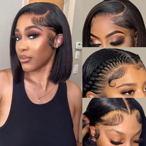 Urbansister 13x6 Bob Lace Front Wig Human Hair 12 Inch Short Straight Bob Frontal Wigs Pre Plucked With Baby Hair Hd Transparent Lace 200% Density Glueless Bob Wigs for Black Women