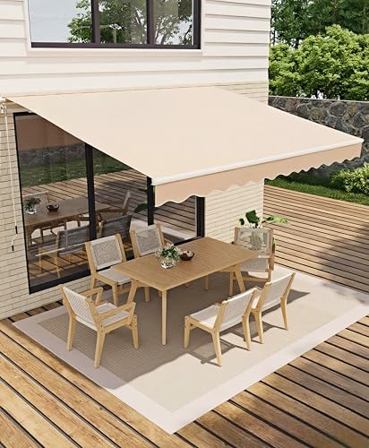 GarveeLife 10’x8’ Manual Retractable Awning, Waterproof Sun Shade Patio Awning, Heavy Duty Aluminum Frame, 280g Polyester Fabric, Adjustable Roll Out Awning for House, for Deck, Porch, Beige