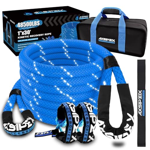 AXSIPEIX 1in x 30ft Kinetic Recovery Rope Kit (Reflective), 48,500Lbs, 35% High Elasticity, w/ 2 Soft Shackles, 16,166Lbs Work Load Limit for 4x4 Offroad Vehicle
