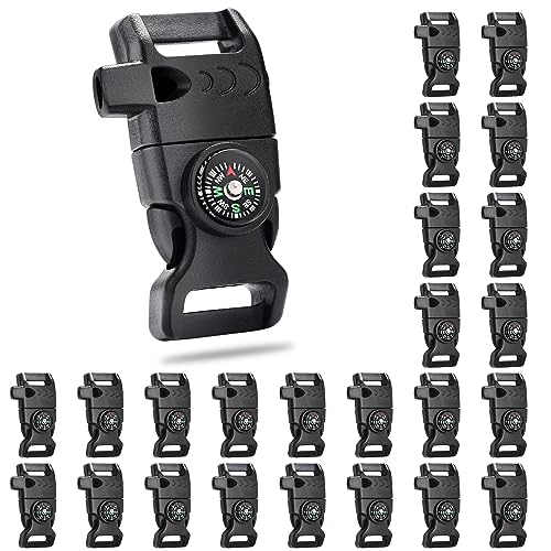 25 Pack 5/8 Inch Paracord Buckle with Whistle Compass, Side Release Plastic Buckles for Paracord Bracelet Outdoor Camping Emergency Survival Travel Kits