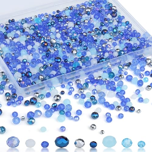 ZHIYUXI 1100PCS 4mm 6mm 8mm Blue Faceted Glass Beads for Jewelry Making Crystal Assorted Glass Beads for Bracelet Making Necklaces Accessories