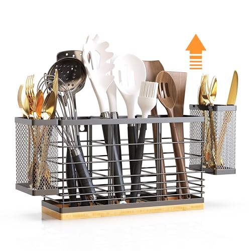 BEGULF Large Utensil Holder for Kitchen Counter, Wall Mounted Silverware Caddy with 5 Compartments, Metal Utensil Caddy with 2 Small Removable Basket and Wooden Base