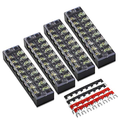 MILAPEAK 8pcs (4 Sets) 8 Positions Dual Row 600V 25A Screw Terminal Strip Blocks with Cover + 400V 25A 8 Positions Pre-Insulated Terminals Barrier Strip (Black & Red)