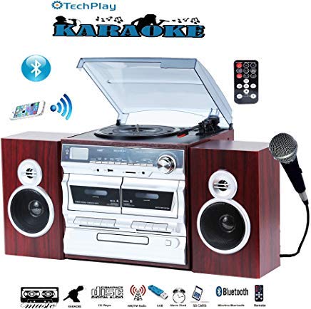 TechPlay Karaoke Enabled, 30W RMS, Retro Classic Turntable, NFC Bluetooth, Double Cassette Player/Recorder, CD MP3 Player, USB SD Ports, AM/FM Digital Alarm Clock and Full Remote Control