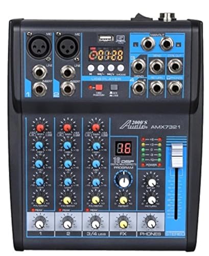 Audio2000'S AMX7321 Professional Four-Channel Audio Mixer with Built-In USB Interface to Computer for Recording and Music Playing Applications