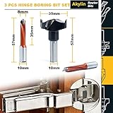 Akylin 3 Pcs 10mm Shank Hinge Boring Set, Solid Carbide Tipped, 35mm Diameter Hole for Hinge and Screw,57mm Total Length, Matched Replacement Bits for Hinge Boring Machine