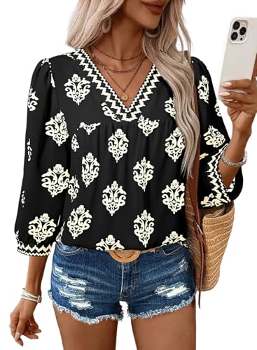 SHEWIN Summer Tops for Women Trendy Floral Print V Neck Chiffon Blouses 3/4 Sleeve Womens Tops Office Summer Shirts Black Small