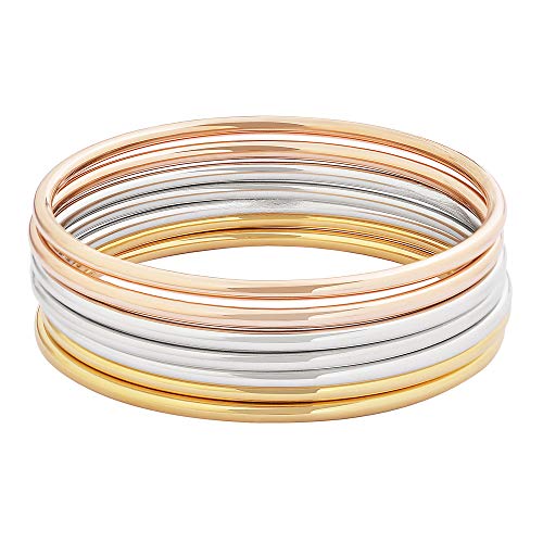 Edforce Stainless Steel Glossy Thin Round Bangle Bracelet Set for Women, Set of 7 (Silver, Gold, Rose Gold, 8.5)