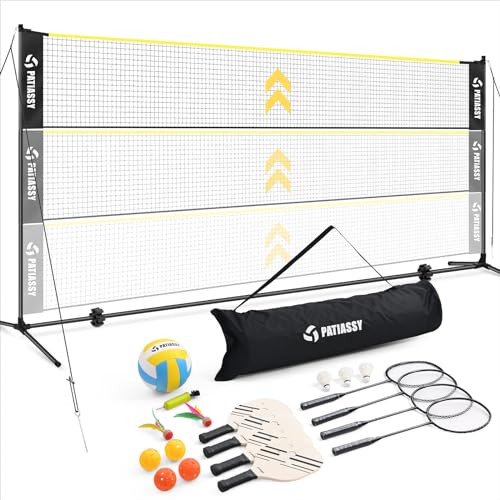 Patiassy 5.1ft-7.4ft Adjustable Height Volleyball Badminton Pickleball Net Set 17ft Sports Net with Poles, 4 Badminton Rackets, 3 Shuttlecocks, 4 Pickleball Paddles and Volleyball (Black)