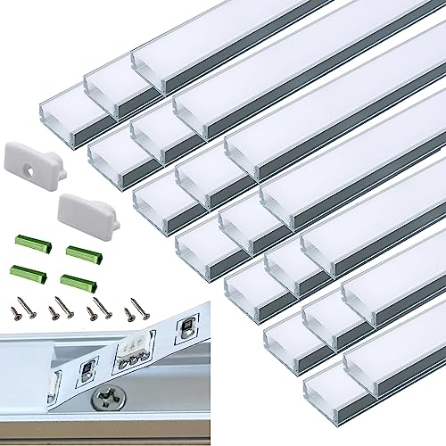20-Pack Pre-Drilled Countersunk Hole 3.3FT/1 Meter LED Strip U Channel Diffuser, Hacksaw Easy Cut Tight and Flush Mounted Under Cabinet Tape Light Aluminum Low Profile with Screw and End caps (20)